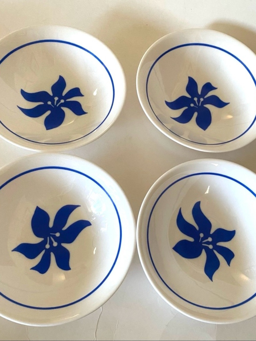 Set Of 4 Milk Glass Bowls Blue Flowers France